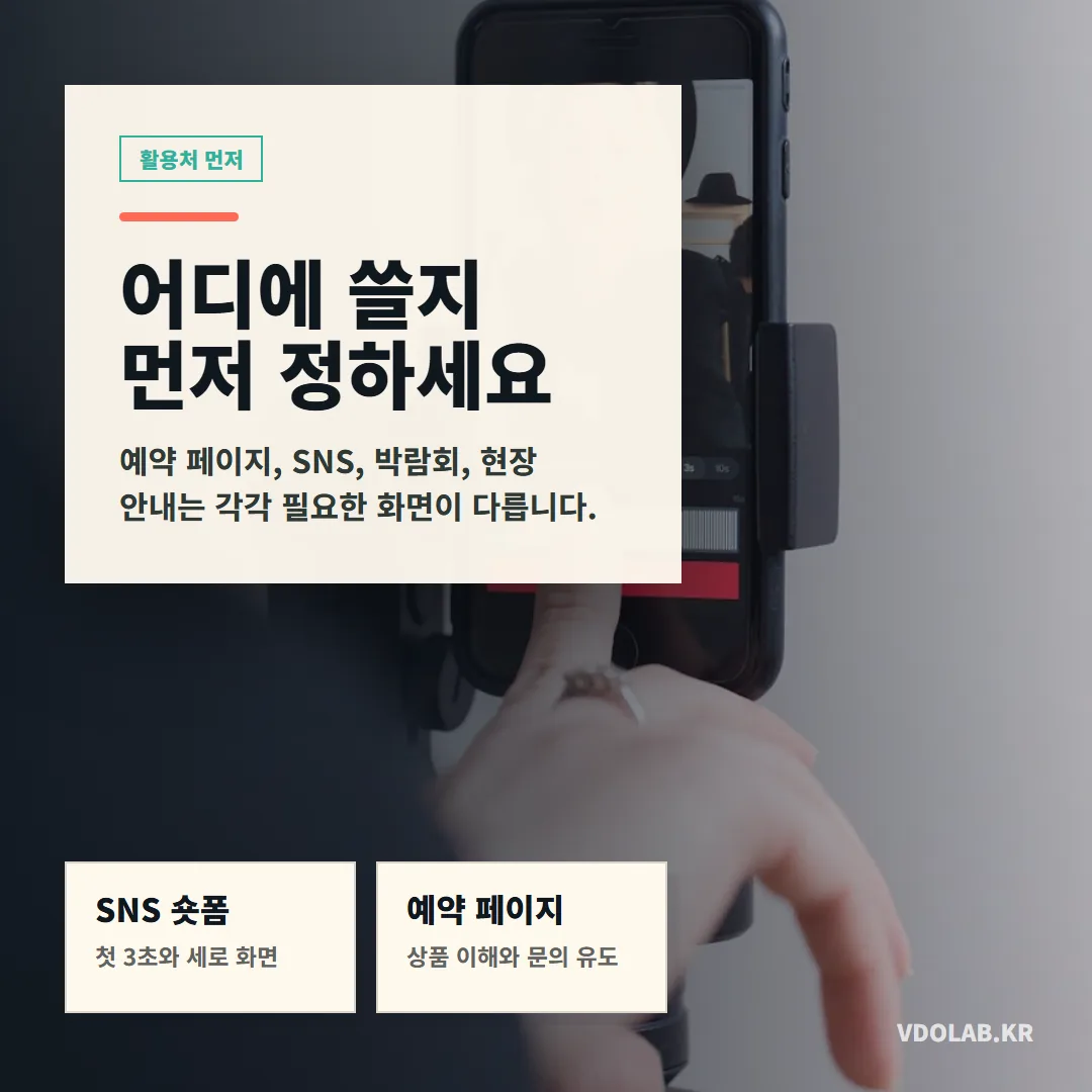 예약 페이지·SNS·박람회·현장 안내는 필요한 화면이 달라서 어디에 쓸 영상인지를 제작 전에 먼저 정해야 합니다.