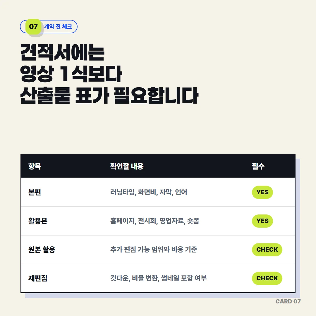 견적서에는 영상 1식 대신 본편, 활용본, 원본 활용, 재편집 항목이 구분된 산출물 표가 있어야 계약 전 내용을 정확히 확인할 수 있습니다.