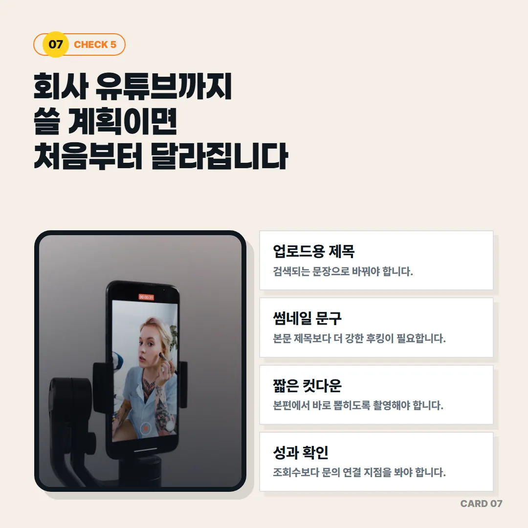 유튜브까지 활용할 계획이라면 검색용 제목, 썸네일 문구, 컷다운 구성, 문의 연결 지점을 촬영 전부터 달리 설계해야 한다.