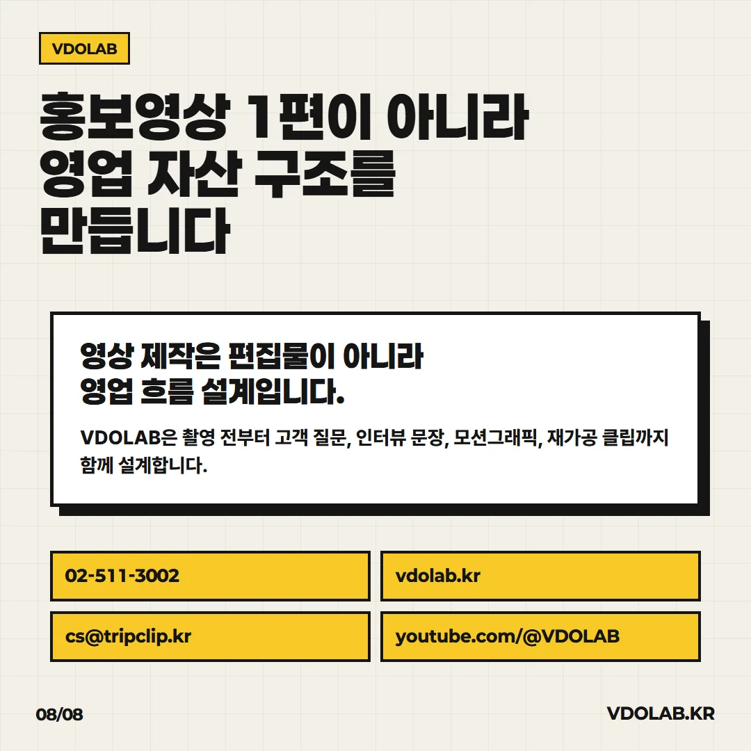 영상 제작 문의는 VDOLAB.KR, cs@tripclip.kr로 받으며 촬영 전부터 고객 질문·인터뷰 문장·모션그래픽·재가공 클립까지 함께 설계합니다.