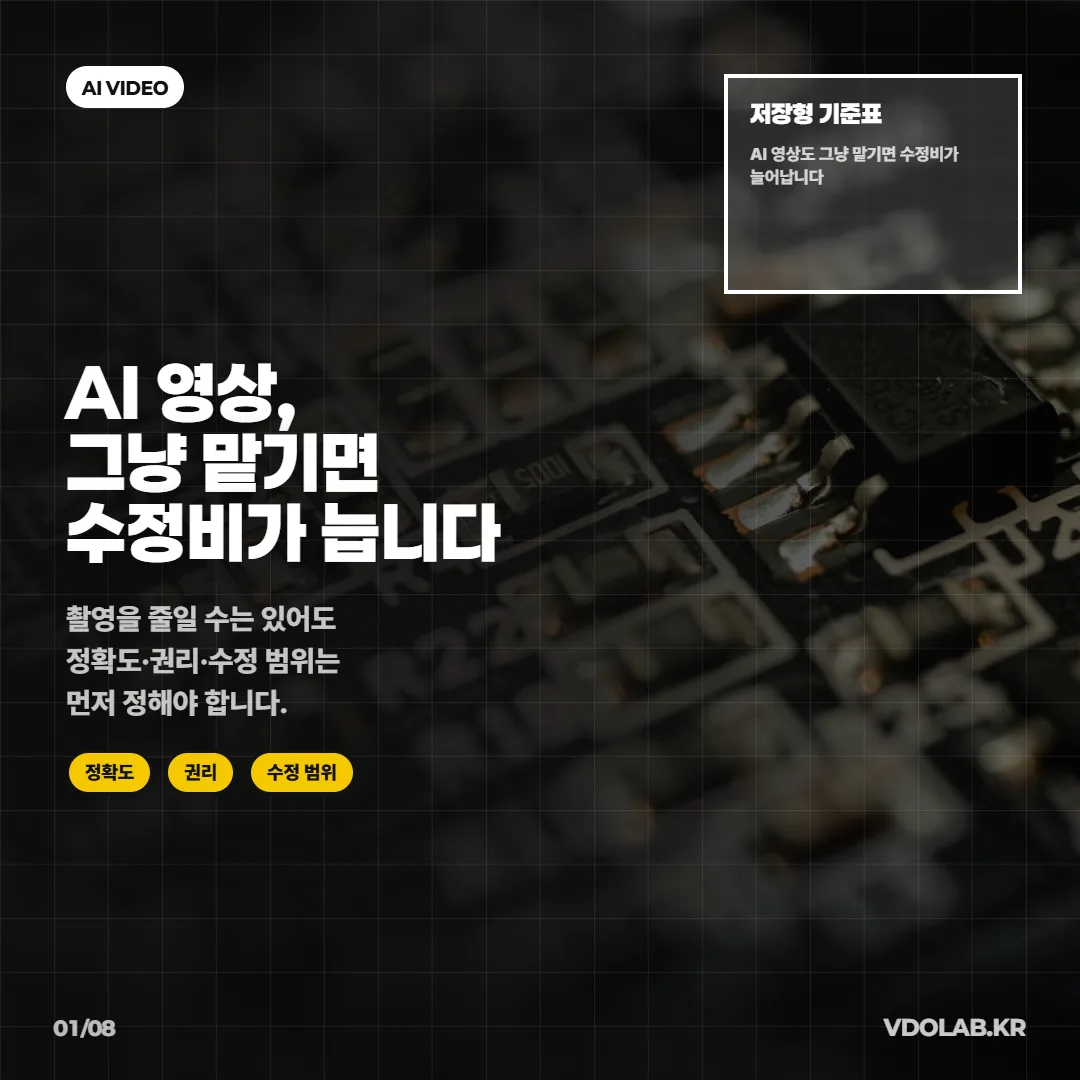 AI 홍보영상 제작 맡기기 전에 확인할 6가지: 정확도·권리·수정 범위 — 카드뉴스 표지