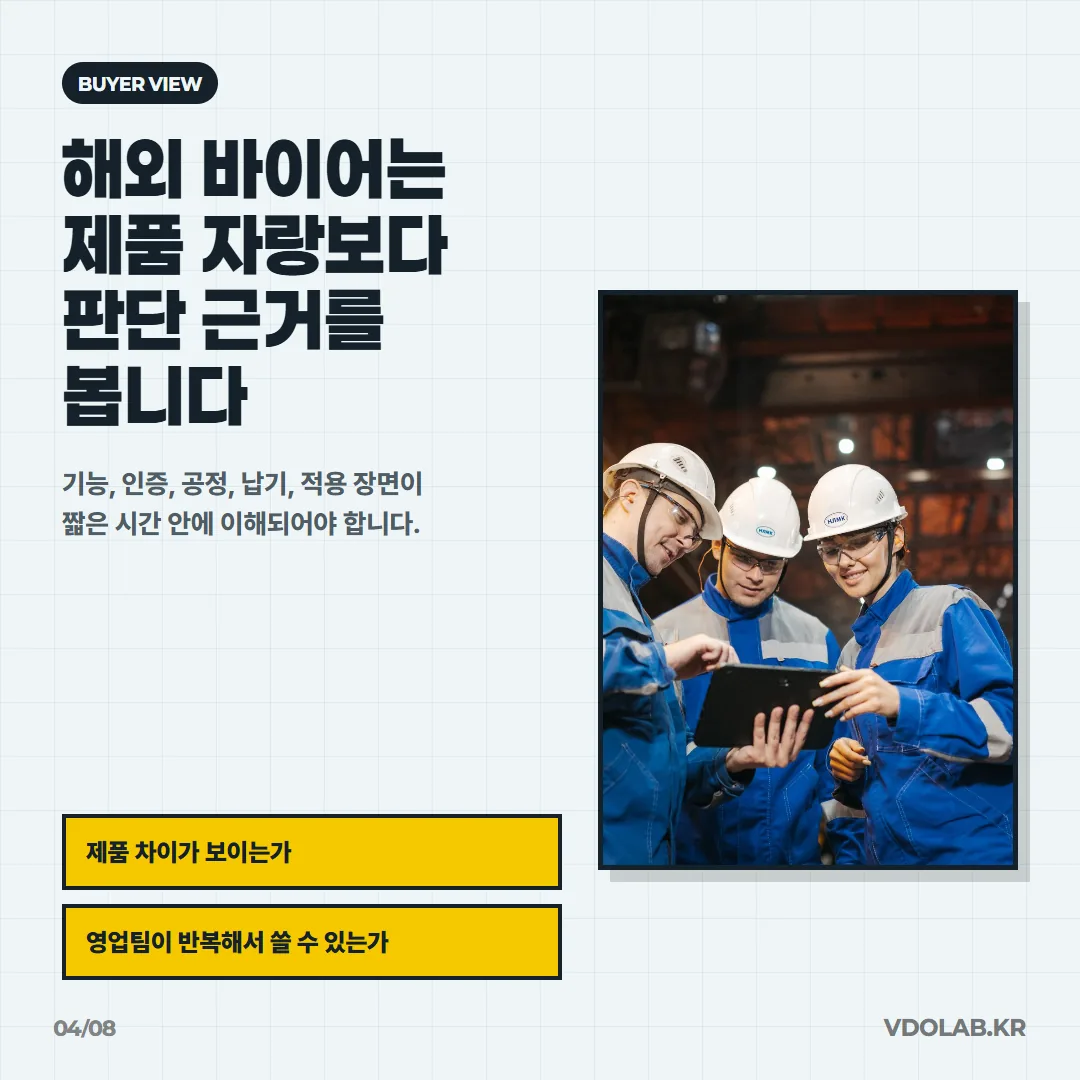 해외 바이어는 제품 자랑보다 기능·인증·공정·납기·적용 장면 같은 구매 판단 근거가 짧은 시간 안에 이해되는 영상을 원한다.