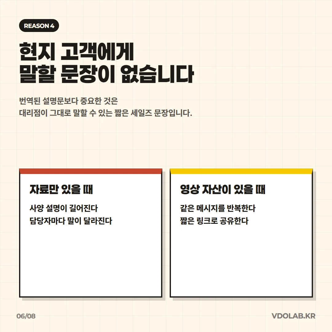 담당자마다 설명이 달라지는 문제를 줄이려면 사양 설명 대신 대리점이 그대로 전달할 수 있는 짧은 세일즈 문장과 공유 링크가 필요합니다.