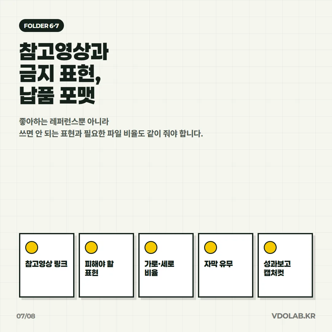참고영상 링크, 금지 표현, 필요한 화면 비율과 자막 유무, 성과보고 캡처컷까지 함께 전달해야 의도에 맞는 결과물이 나옵니다.