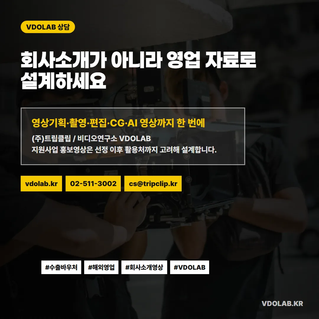 지원사업 홍보영상은 선정 이후 어디에 어떻게 쓸지까지 고려해 회사소개가 아닌 영업 자료로 설계해야 한다는 제안입니다.