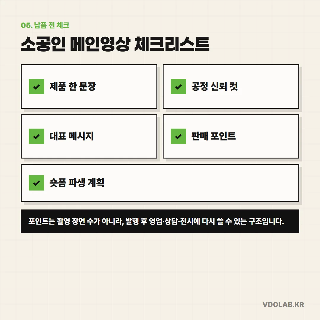소공인 판로개척 영상 납품 전에 제품 한 문장·공정 신뢰 컷·대표 메시지·판매 포인트·숏폼 파생 계획이 모두 있는지 확인해야 합니다.
