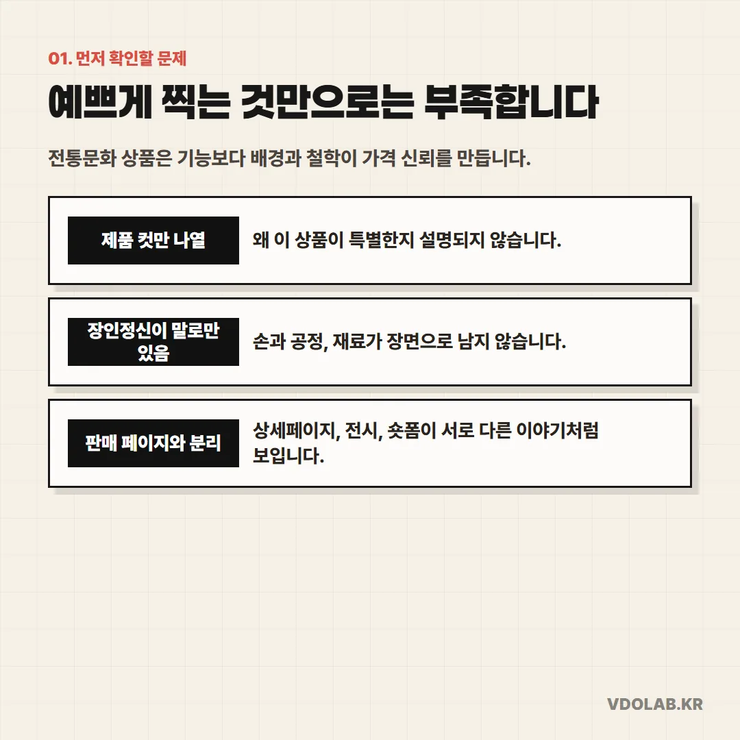 전통문화 상품 영상은 제품 컷 나열만으로는 가격 신뢰를 만들기 어려우며, 공정과 재료가 장면으로 남지 않으면 판매 페이지·전시·숏폼이 따로 놀게 됩니다.