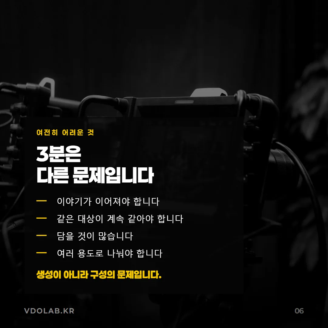 3분 홍보영상은 이야기가 이어져야 하고 담을 내용이 많으며 여러 용도로 나눠야 해 생성이 아니라 구성의 문제다.