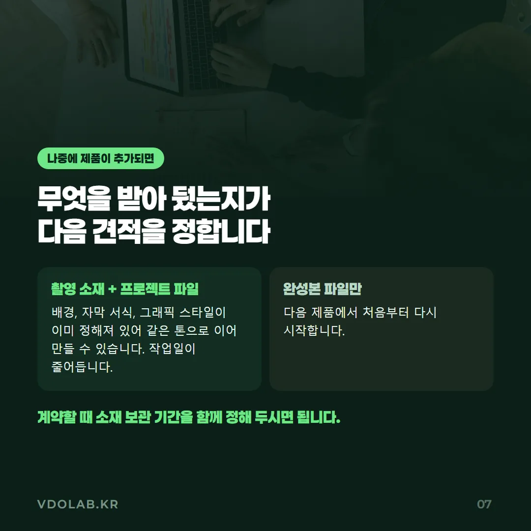 계약 시 촬영 소재와 프로젝트 파일을 함께 보관해 두면 나중에 제품이 추가될 때 같은 톤으로 이어 제작할 수 있어 작업일과 비용이 줄어듭니다.