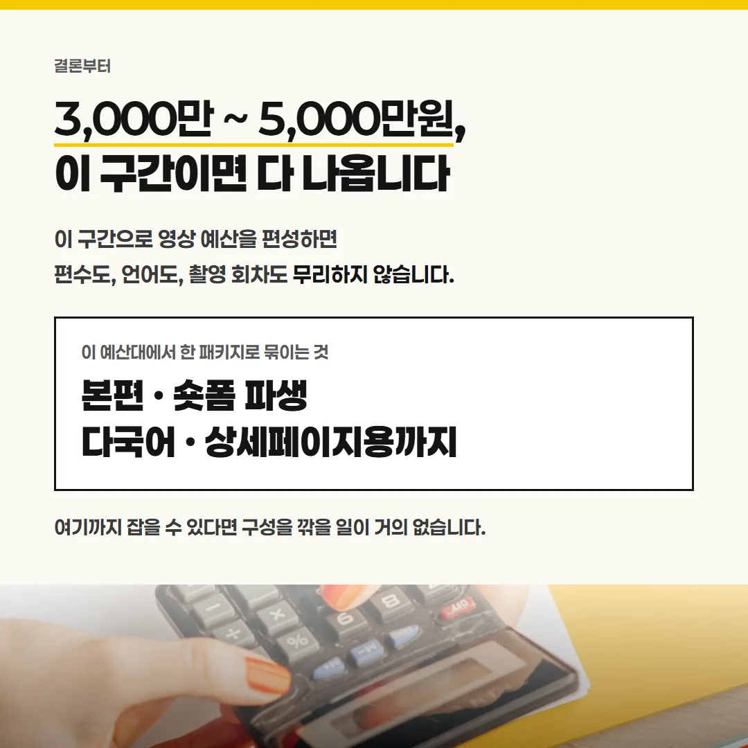 영상 예산을 3,000만~5,000만원 구간으로 편성하면 본편·숏폼 파생·다국어·상세페이지용까지 구성을 크게 줄이지 않아도 됩니다.