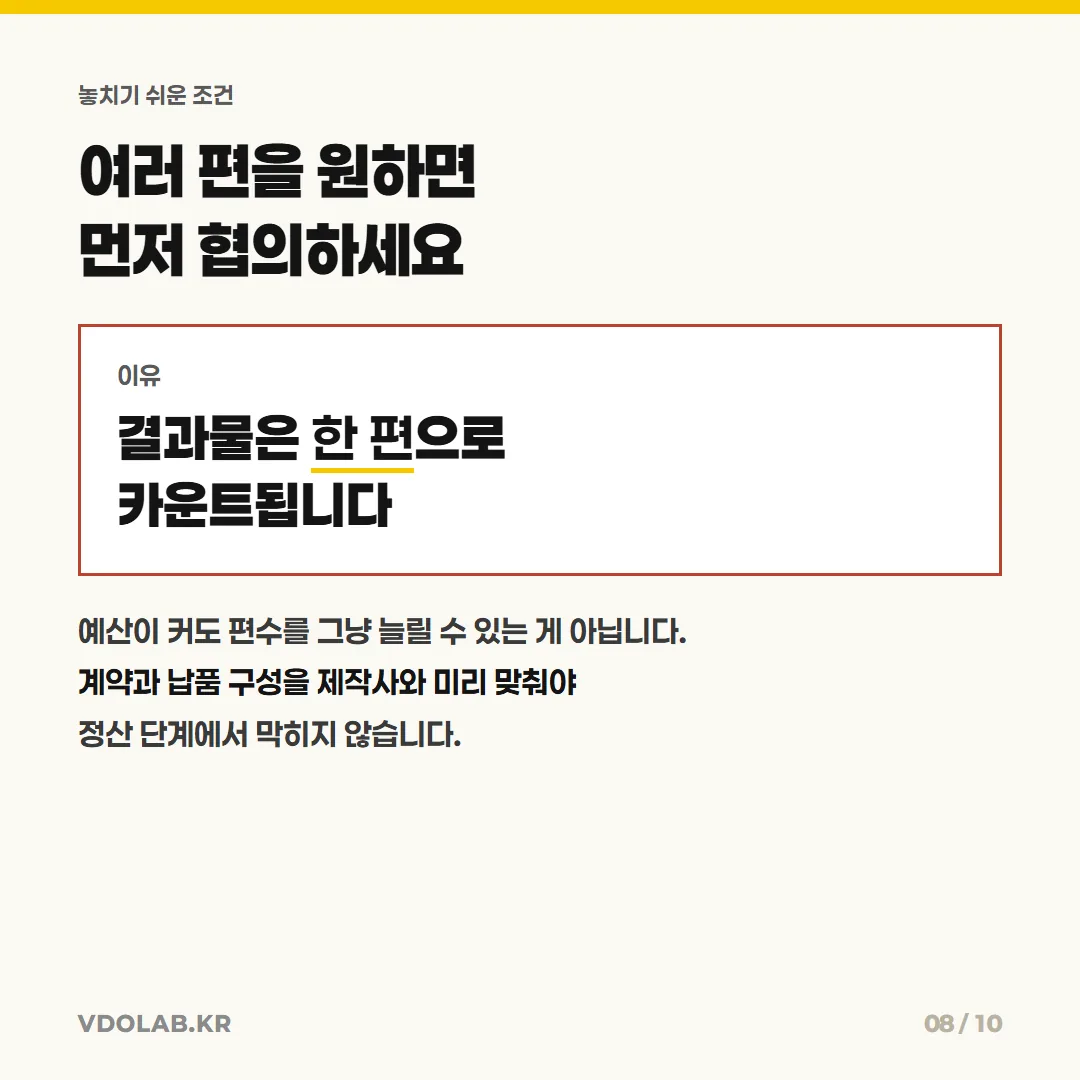 바우처에서 결과물은 한 편으로 카운트되므로 여러 편을 원하면 계약과 납품 구성을 제작사와 미리 맞춰야 정산 단계에서 막히지 않습니다.