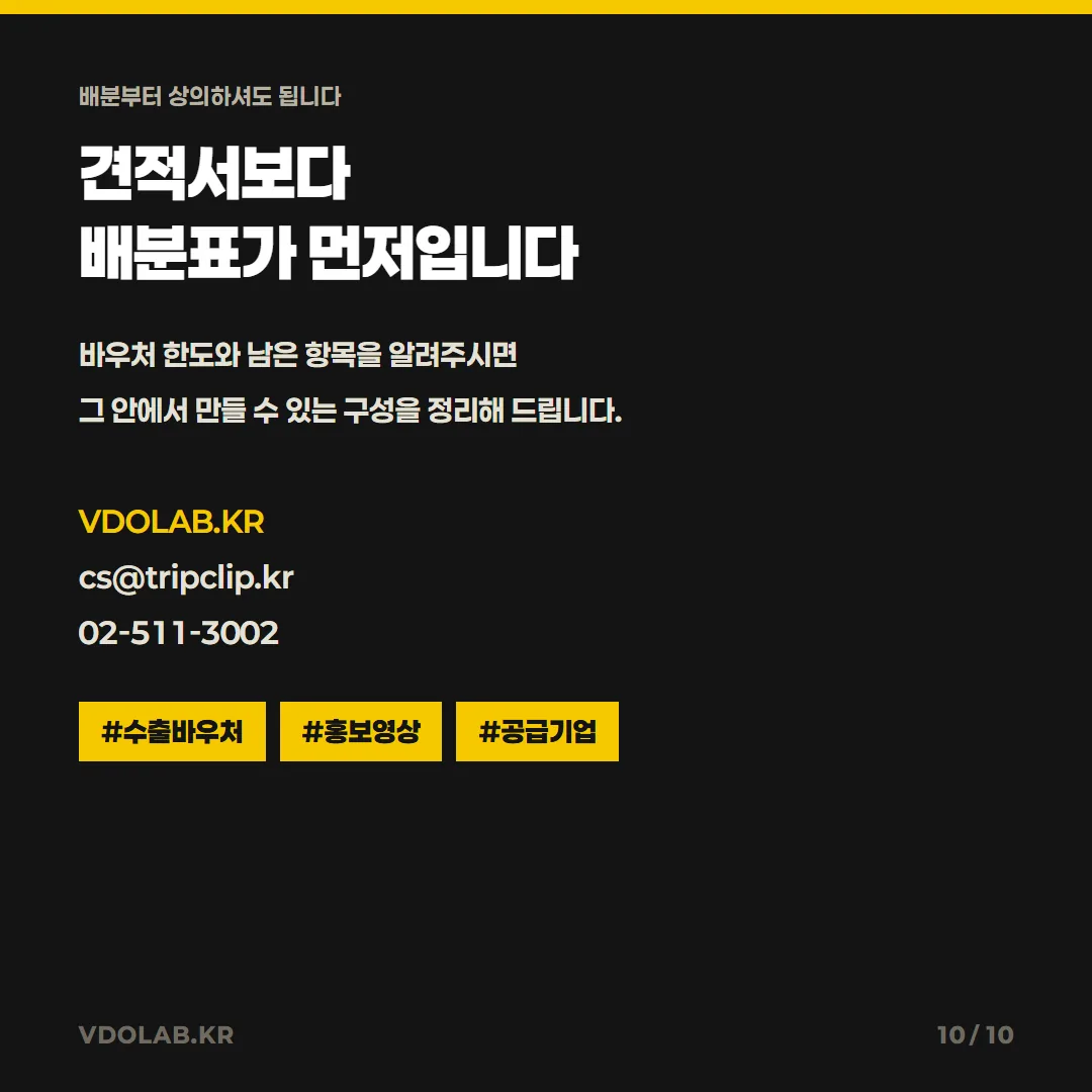 수출바우처 영상 제작 문의는 VDOLAB.KR, cs@tripclip.kr로 받으며, 바우처 한도와 남은 항목을 알려주시면 가능한 영상 구성을 정리해 드립니다.
