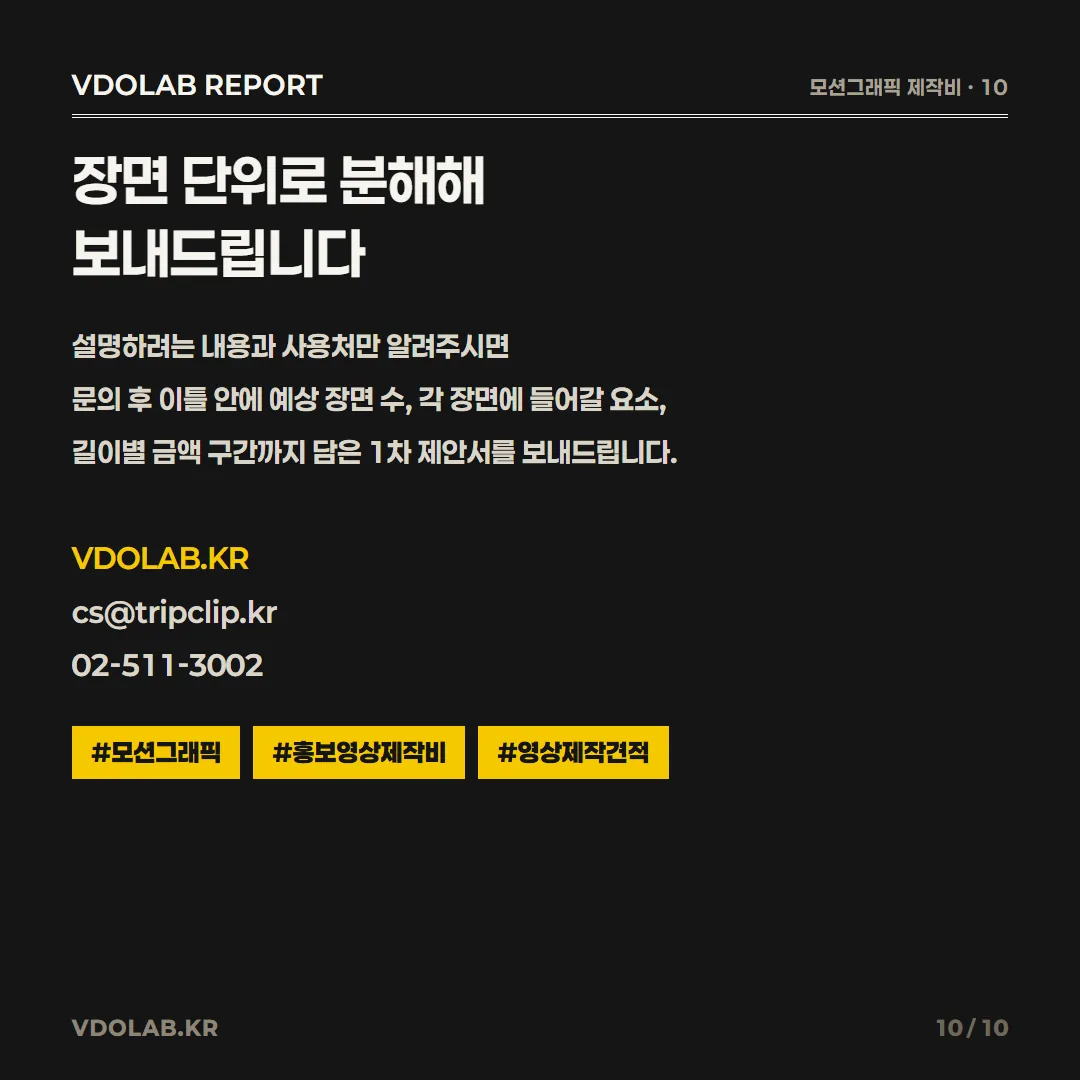 설명하려는 내용과 사용처를 알려주면 이틀 안에 장면 수와 길이별 금액 구간이 담긴 제안서를 받을 수 있으며, 문의는 VDOLAB.KR로 한다.