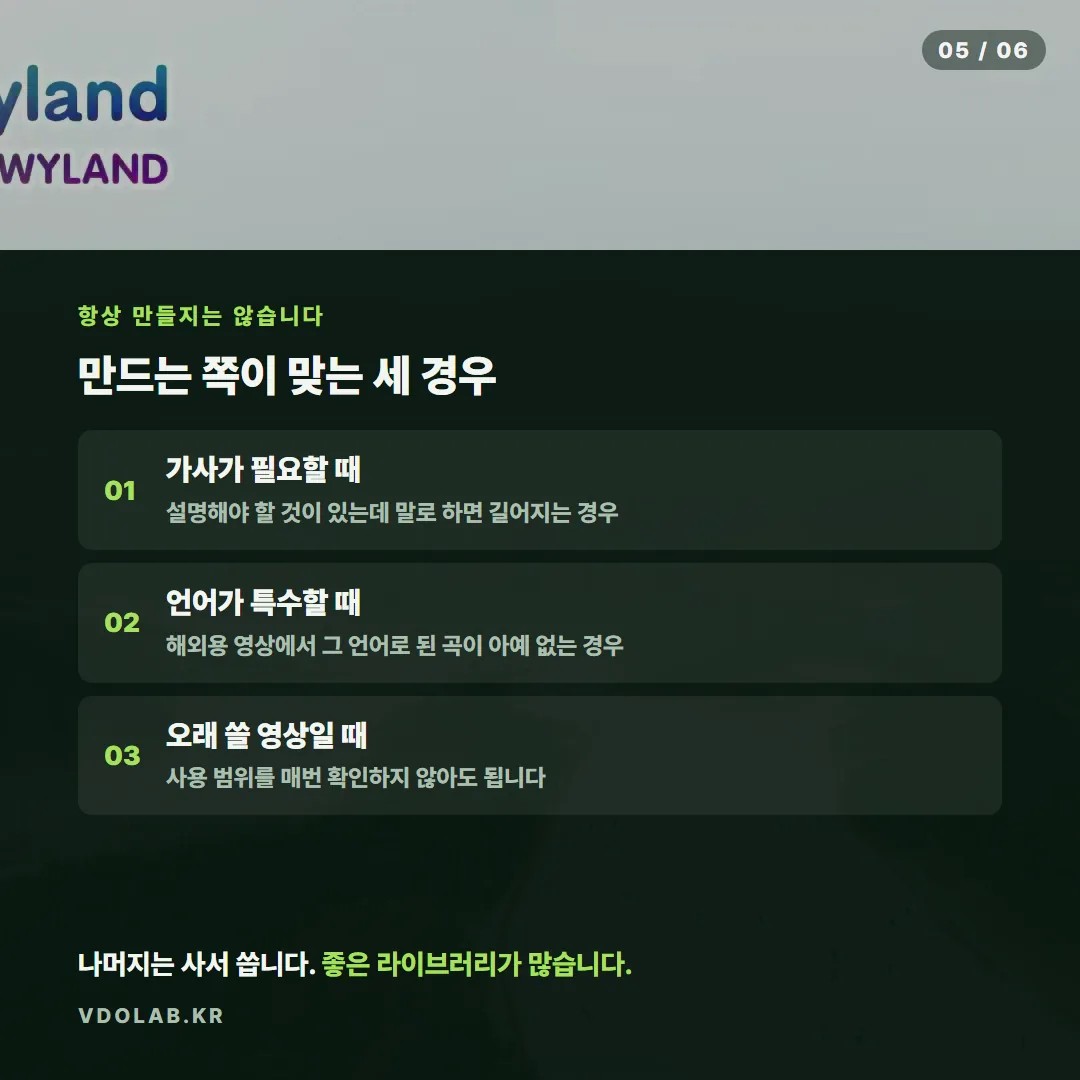 가사가 필요하거나 특수 언어가 필요하거나 오래 쓸 영상인 경우에만 곡을 직접 만들고, 나머지는 라이브러리에서 구매해 씁니다.