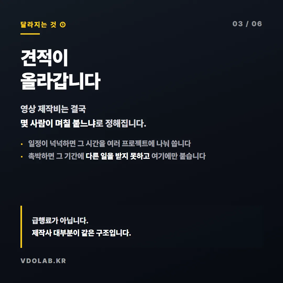 촉박한 일정에는 그 기간에 다른 프로젝트를 받지 못하므로 견적이 올라가며, 이는 급행료가 아니라 대부분의 제작사가 가진 구조입니다.