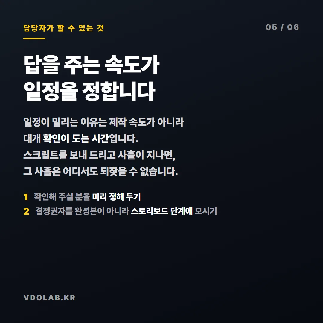 일정이 밀리는 원인은 대개 확인이 도는 시간이므로, 검토자를 미리 정하고 결정권자를 스토리보드 단계에 참여시켜야 합니다.