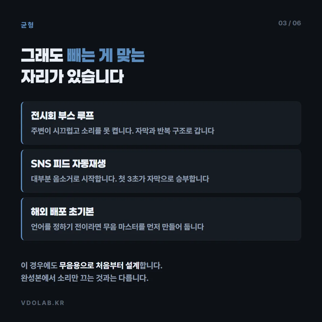 전시회 부스 루프·SNS 자동재생·해외 배포 초기본처럼 나레이션을 빼는 것이 맞는 자리가 있지만, 이 경우에도 처음부터 무음으로 설계해야 합니다.
