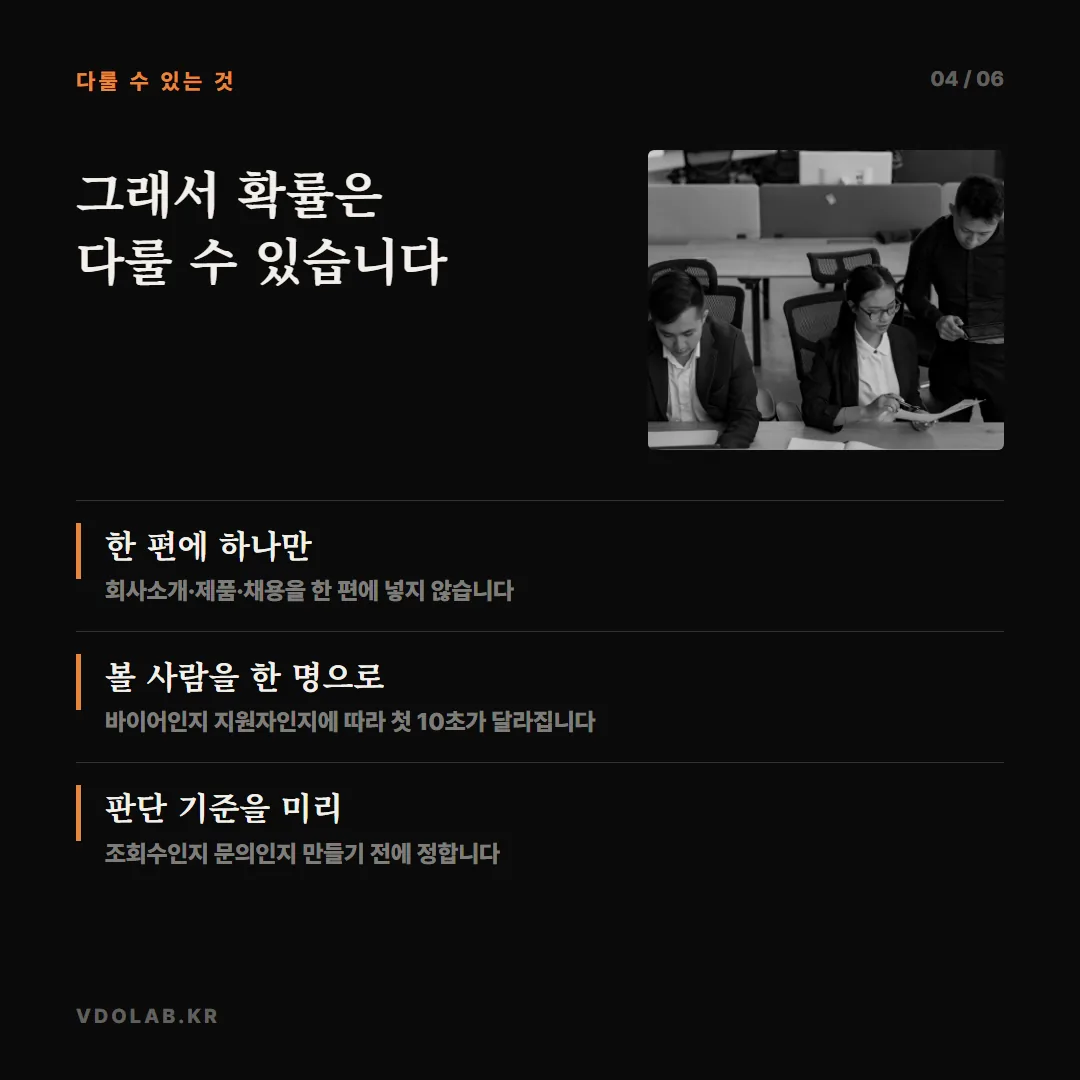 한 편에 하나의 메시지·한 명의 타깃·사전에 정한 성과 기준을 잡아 두면 결과에 영향을 주는 확률 요소를 다룰 수 있습니다.