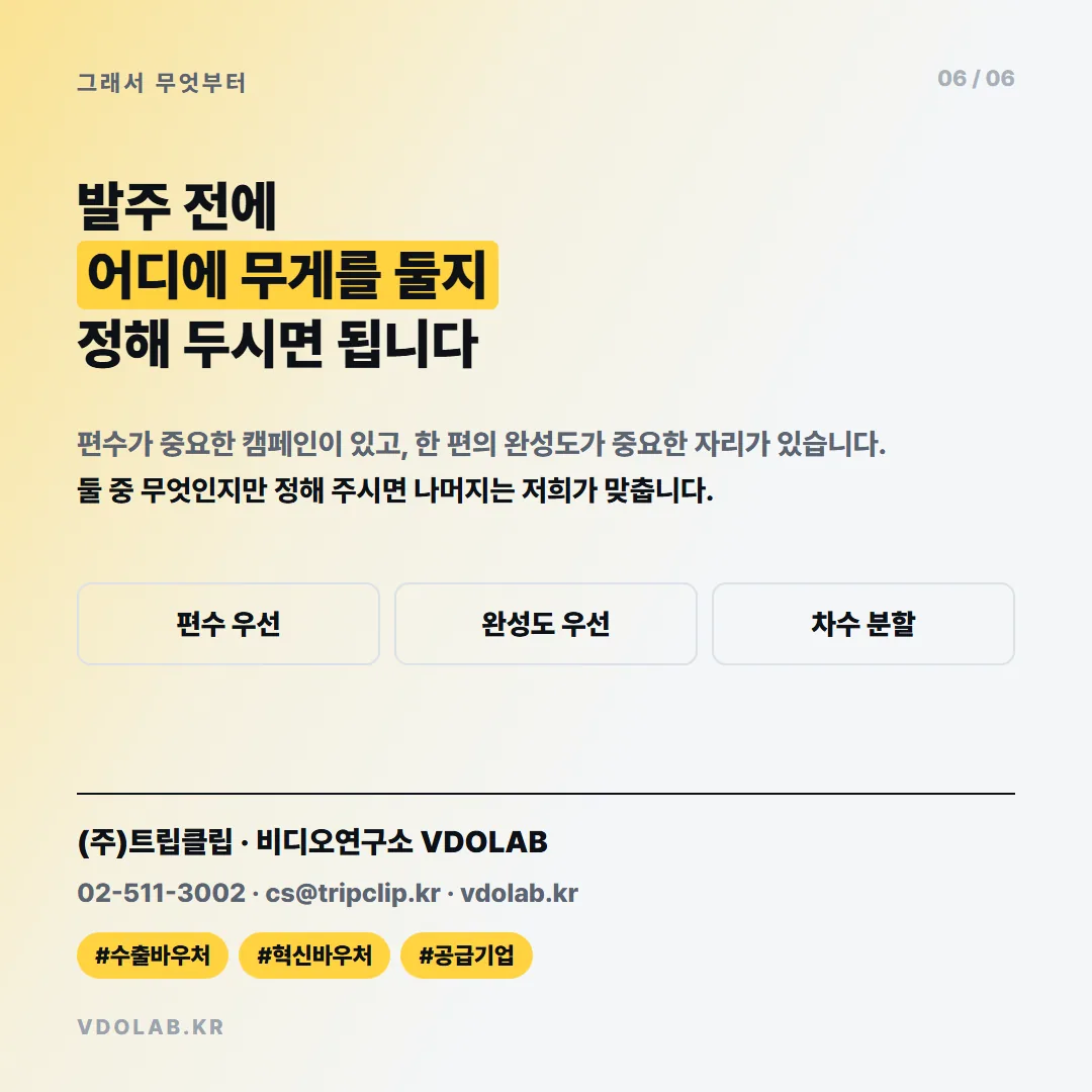 숏폼 제작 발주 전에 편수 우선인지 완성도 우선인지 차수 분할인지 정해 두시면 VDOLAB.KR, cs@tripclip.kr로 나머지를 맞춰드립니다.