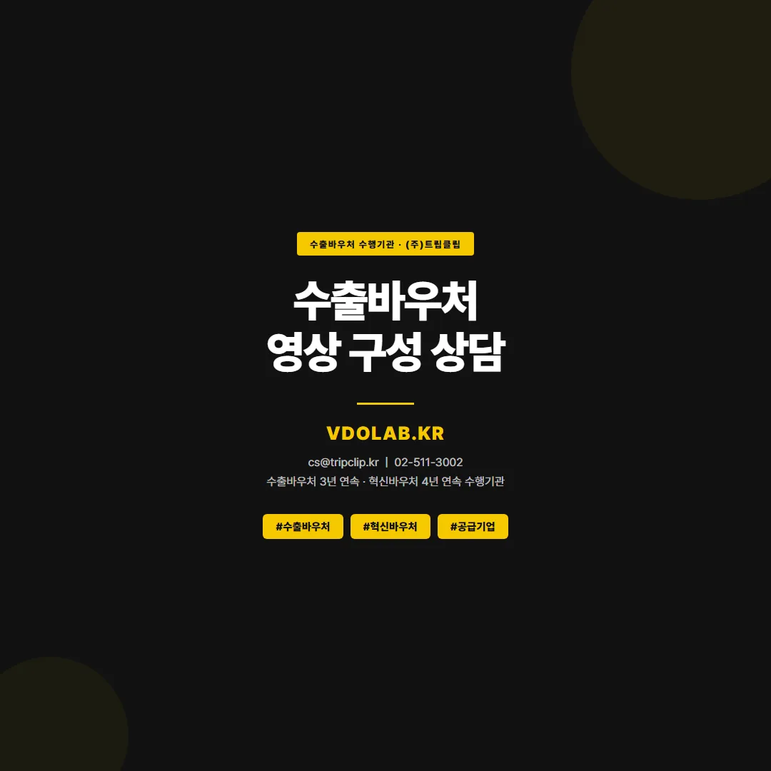 수출바우처 영상 제작 문의는 VDOLAB.KR, cs@tripclip.kr로 받으며, 수출바우처 3년 연속 수행기관으로 구성 상담을 함께 진행합니다.