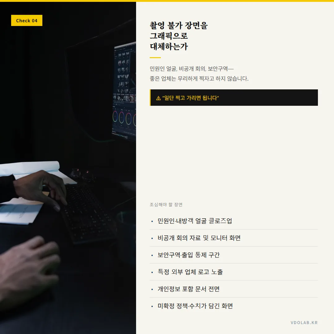 민원인 얼굴·비공개 회의·보안구역처럼 촬영 불가 장면을 그래픽으로 대체하는지 확인해야 하며, 일단 찍고 가리면 된다는 업체는 주의가 필요합니다.