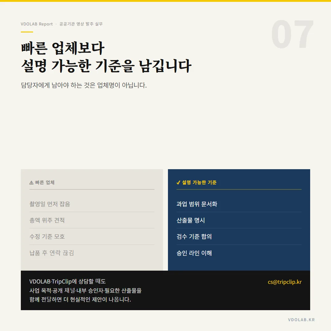 빠른 업체보다 과업 범위 문서화·산출물 명시·검수 기준 합의·승인 라인 이해처럼 담당자가 설명 가능한 기준을 남기는 업체를 고르는 것이 중요합니다.