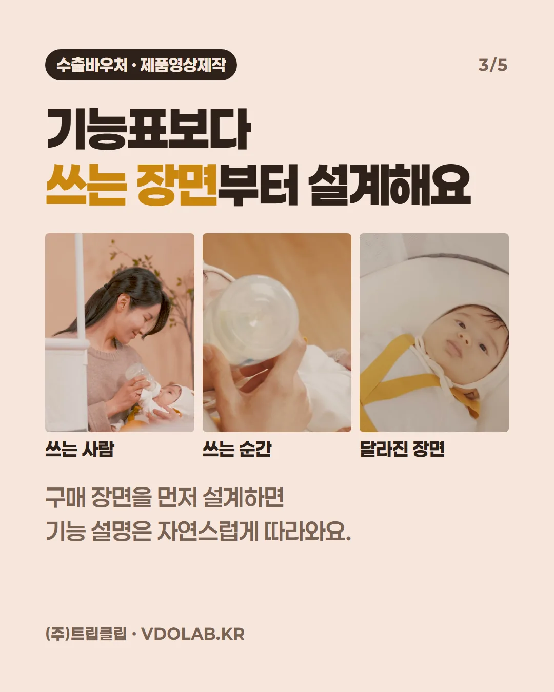 기능표보다 쓰는 장면부터 설계해요 / 구매 장면을 먼저 설계하면 기능 설명은 자연스럽게 따라와요. / 쓰는 사람 hero / 쓰는 순간 feed / 달라진 장면 baby