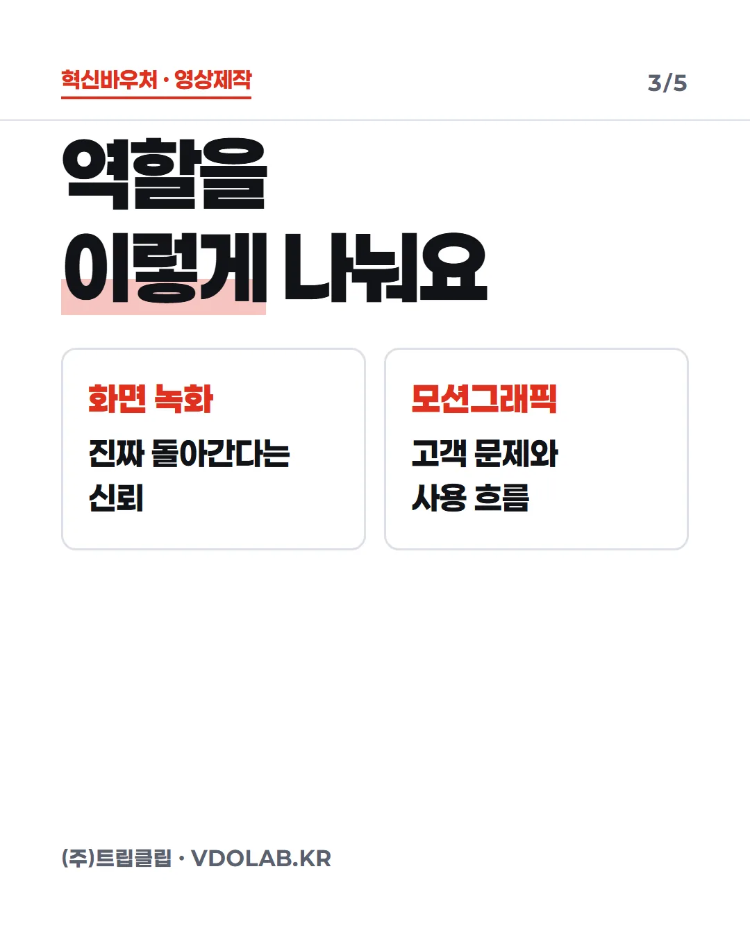 역할을 이렇게 나눠요 / 화면 녹화 진짜 돌아간다는 신뢰 / 모션그래픽 고객 문제와 사용 흐름