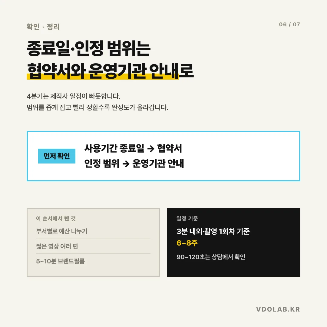 종료일·인정 범위는 협약서와 운영기관 안내로 먼저 확인하세요 / 4분기는 제작사 일정이 빠듯해 범위를 좁게 잡고 빨리 정할수록 완성도가 높아요 / 3분 내외 촬영 1회차 기준 6~8주